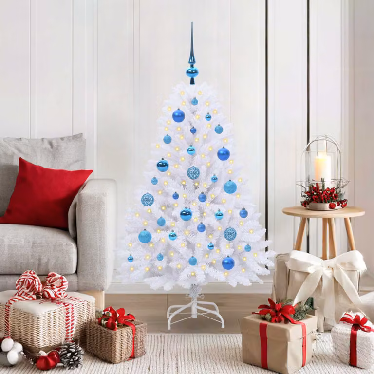 Albero di Natale Artificiale Moderno vidaXL Bianco con Luci LED e Rami Pieghevoli, Altezza: 120 cm
