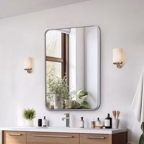 VEVOR Specchio da parete per trucco con cornice in lega di alluminio argento, modello rettangolare moderno, L: 76,2 cm x H: 55,9 cm