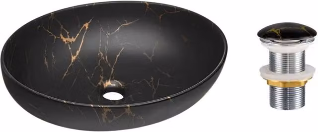 Lavabo da appoggio ovale 52x39,5 cm nero e dorato effetto marmo con piletta click clack