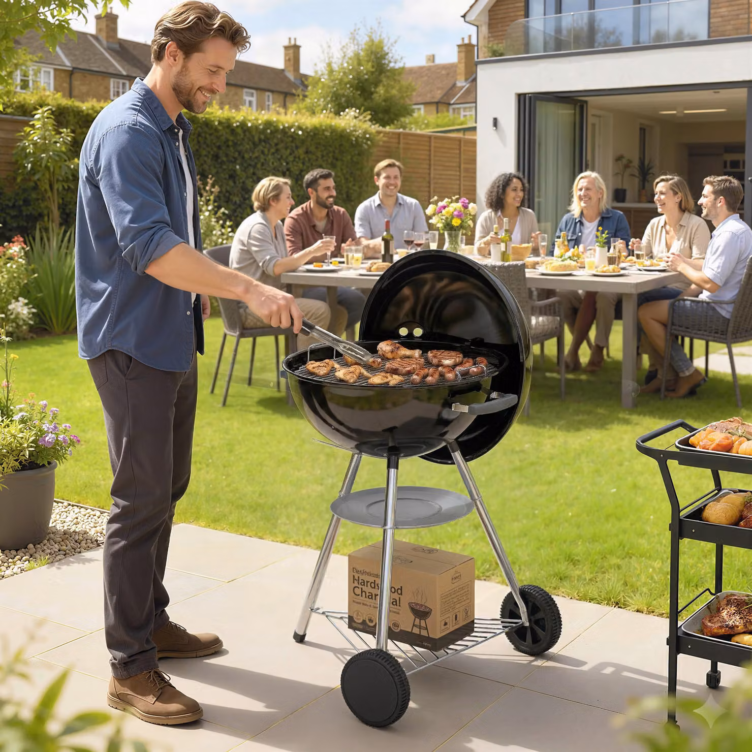 Barbecue a carbone portatile Outsunny modello kettle con coperchio, termometro e ruote, nero – 2