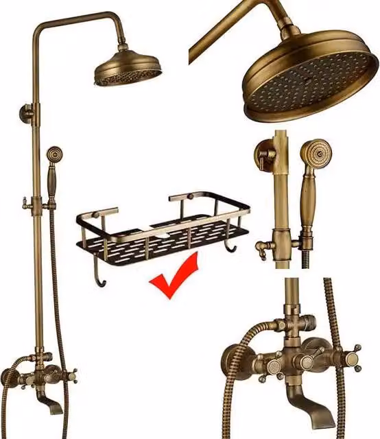 Set di rubinetti per doccia, ottone antico, doppie manopole