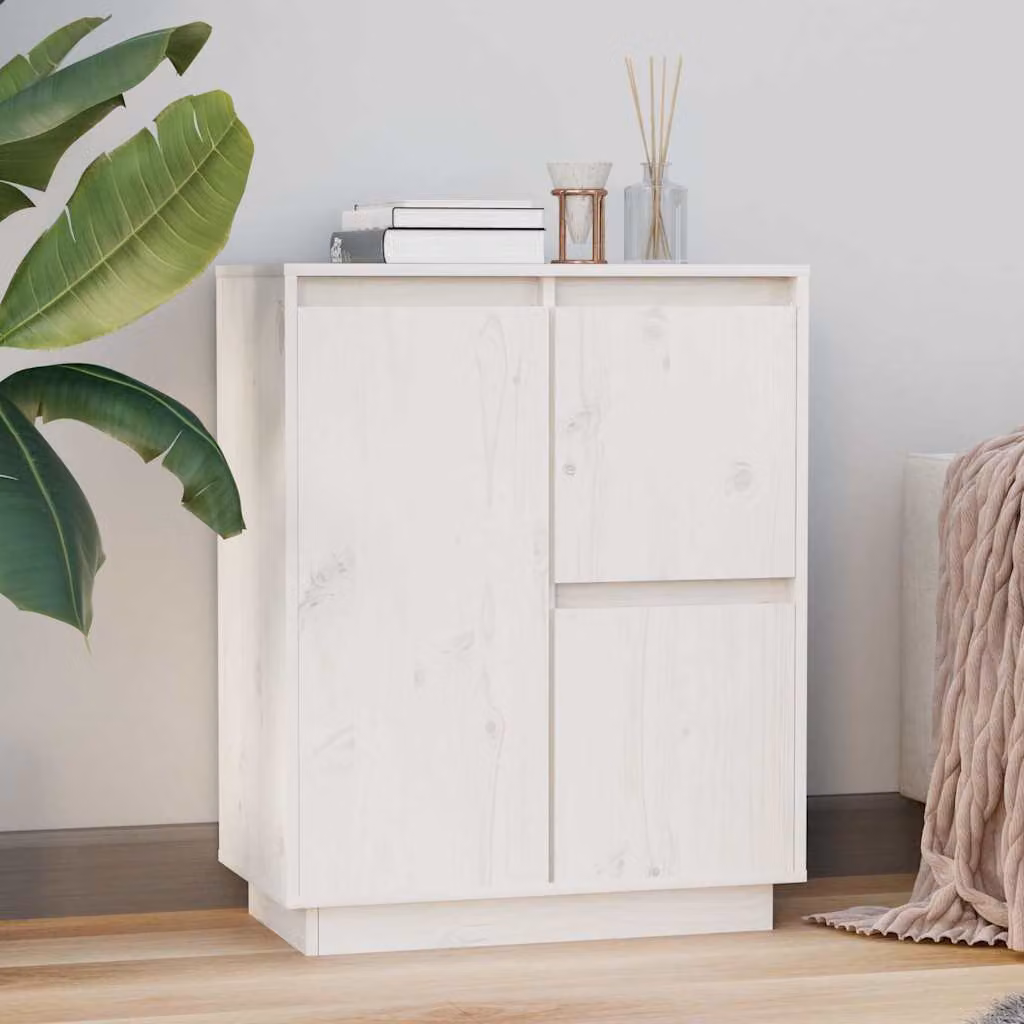 Credenza moderna vidaXL in legno massello di pino bianca L: 60 cm, P: 34 cm, H: 75 cm