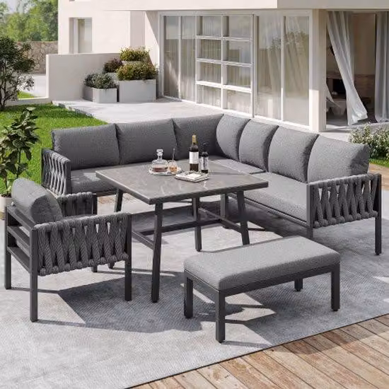 Set di mobili da giardino, con struttura in acciaio zincato, rivestimento in tessuto di cotone, piedini regolabili, panca angolare, piano del tavolo in vetro temperato, completo di tutti i cuscini per seduta e schienale, colore grigio