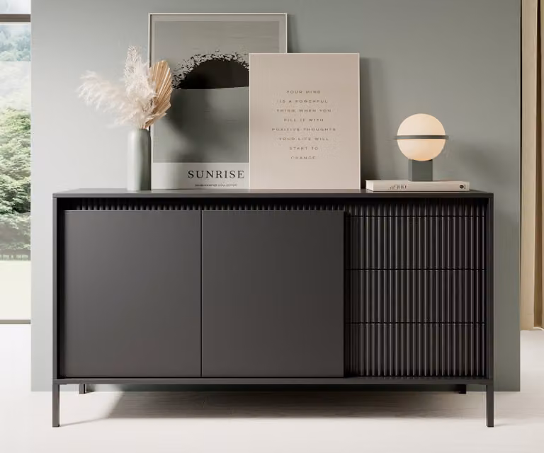 AX LIVING Trentinis 153 2T3S Credenza nera, 153,5 cm con superficie zigrinata
