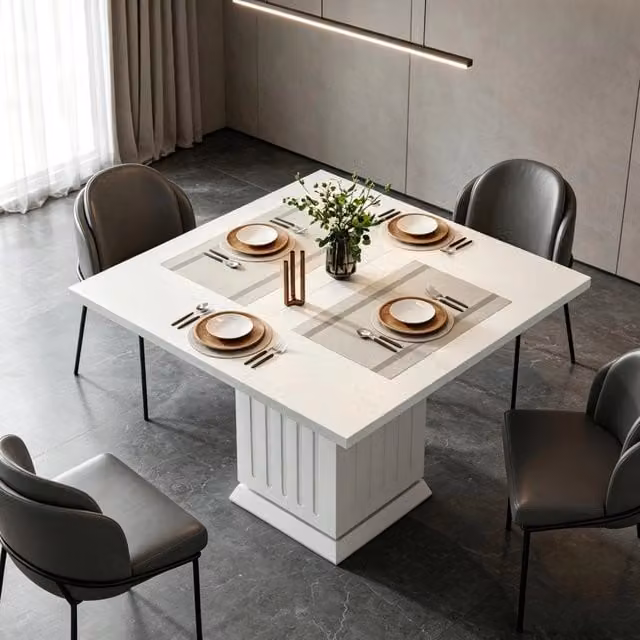 Tavolo da pranzo quadrato per 4 persone in legno bianco con piano in pannello di particelle e base quadrata