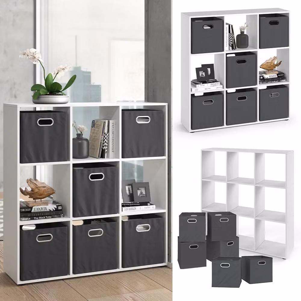 Scaffale Vicco Nove Bianco con 6 scatole pieghevoli in stile scandinavo L: 104 cm, H: 108 cm, P: 29 cm – 2
