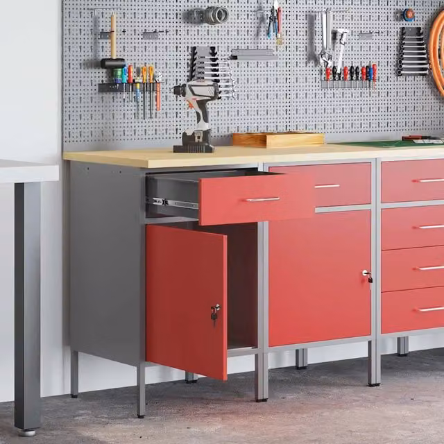 Set di 2 mobili da lavoro vidaXL in acciaio e legno, Rosso e Grigio, L: 100 cm, P: 55 cm, H: 85 cm
