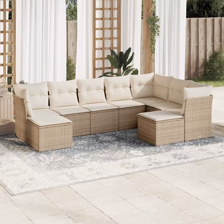 vidaXL Set Divano da Giardino 9 pz a Forma di L in Polyrattan con Cuscini Beige e Struttura in Metallo
