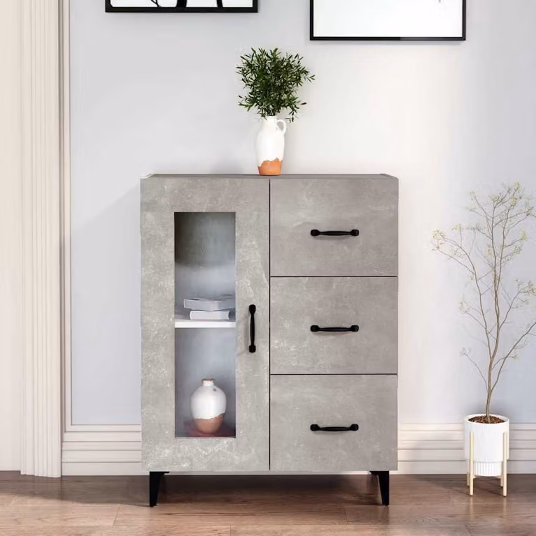 Credenza moderna vidaXL in legno multistrato e vetro, colore grigio cemento, L: 69,5 cm, P: 34 cm, H: 90 cm