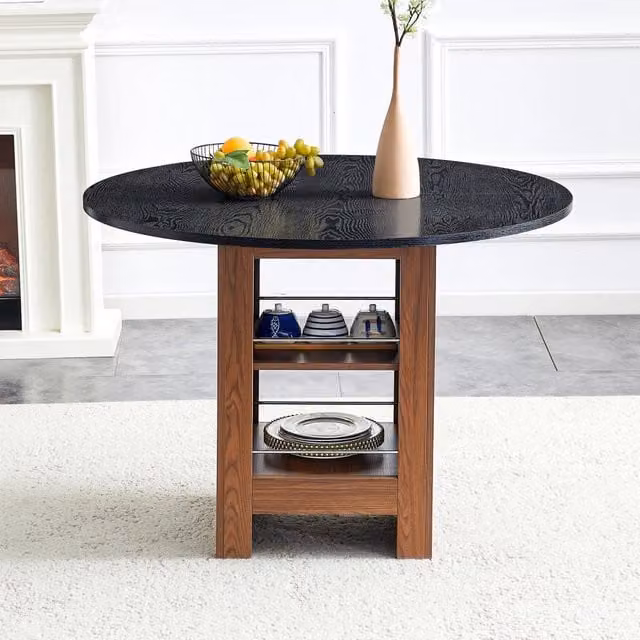 Tavolo rotondo moderno WISHDOR con vani contenitore in MDF, finitura nero e marrone, per cucina e sala da pranzo, Diametro: 100 cm, Altezza: 76 cm