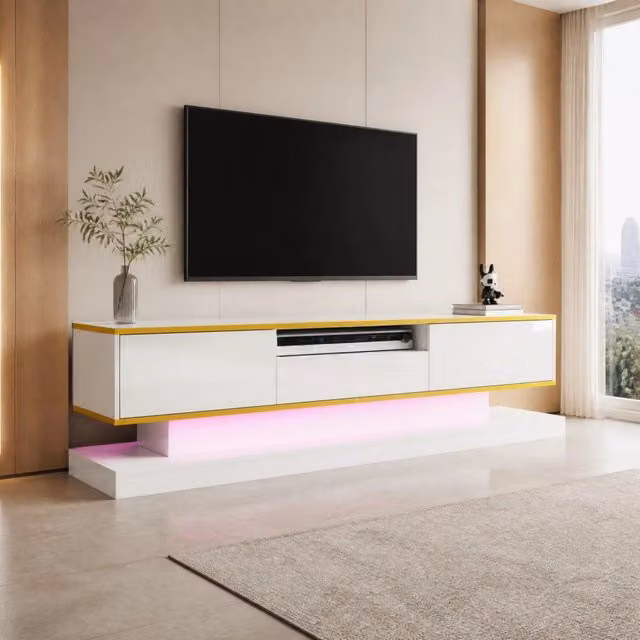 Mobile TV moderno MODFU bianco lucido con illuminazione LED integrata L: 180 cm, P: 38 cm, H: 45 cm