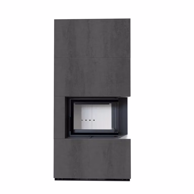 Kit camino KRATKI FLOKI BOX destro 8 kW Ø 160 quarzo sinterizzato NATURALI PIETRA DI SAVOIA ANTRANCITE BOCCIARDATA
