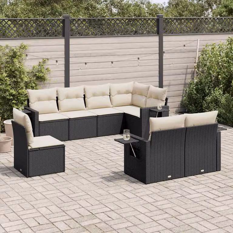 Set Divani da Giardino a L vidaXL in Polyrattan Nero con 8 Cuscini e Tavolino da Esterno