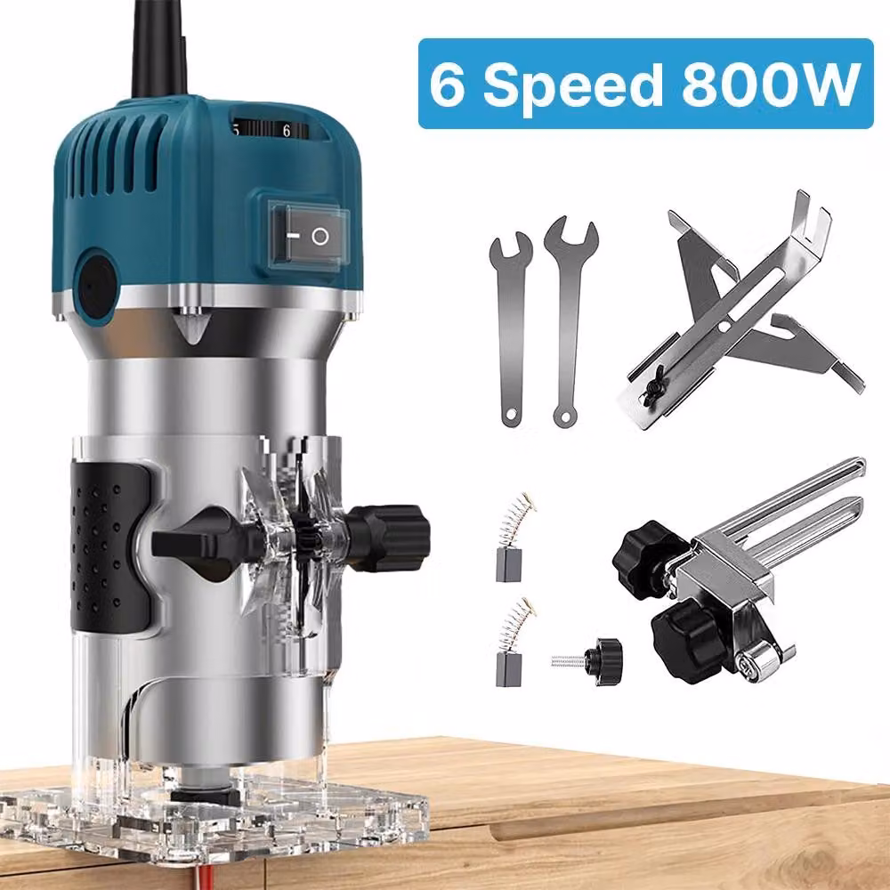 Fresatrice elettrica – 6 velocità – 800 W – 30.000 giri/min – Portatile – Per lavorazione del legno – Colore blu