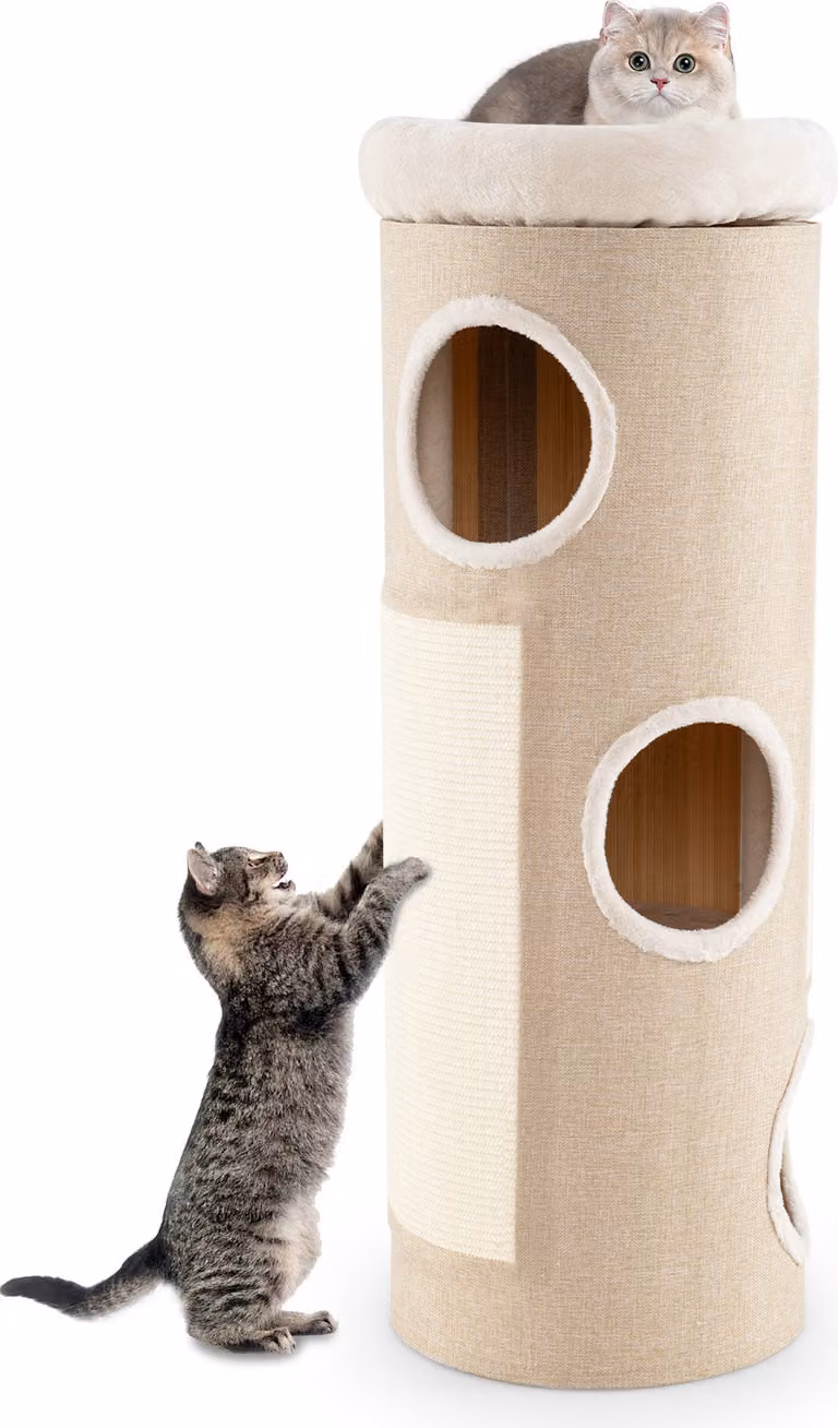 COSTWAY tiragraffi a 4 livelli, alto 113 cm, tiragraffi a botte per gatti con 3 grotte, 2 tiragraffi in sisal, lettino in peluche e tappetino in bambù, albero per gatti