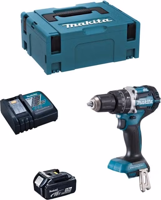 Trapano a percussione Makita DHP484RTJ1 con batteria da 5,0 Ah, caricabatterie DC18RC e sistema di contenimento MAKPAC 2