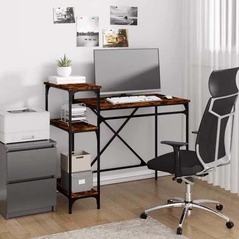 Scrivania con ripiani vidaXL in stile industriale, Rovere Fumo e Ferro, L: 105 cm, P: 50 cm, H: 90 cm