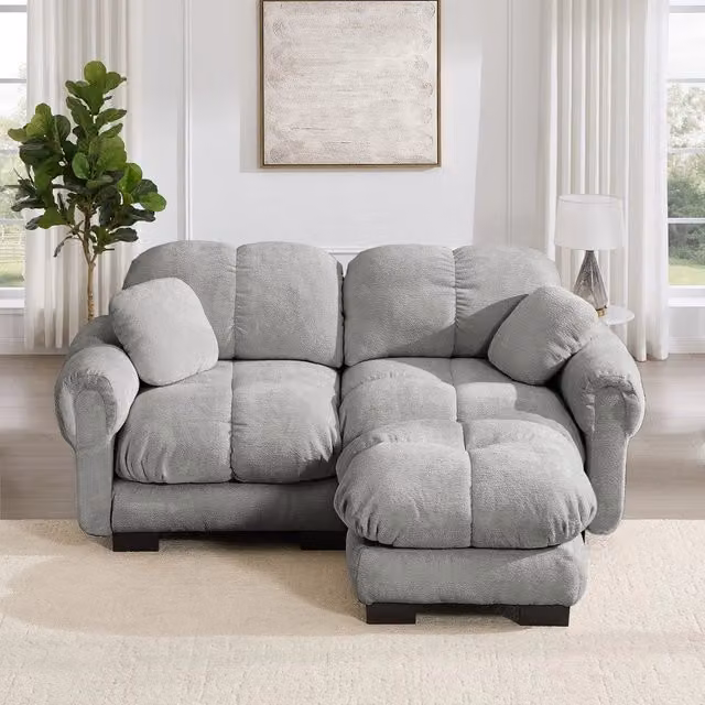 Divano angolare 2 posti con poggiapiedi ¨C Minimal ¨C grigio chiaro tessuto trapuntato cuscini imbottiti
