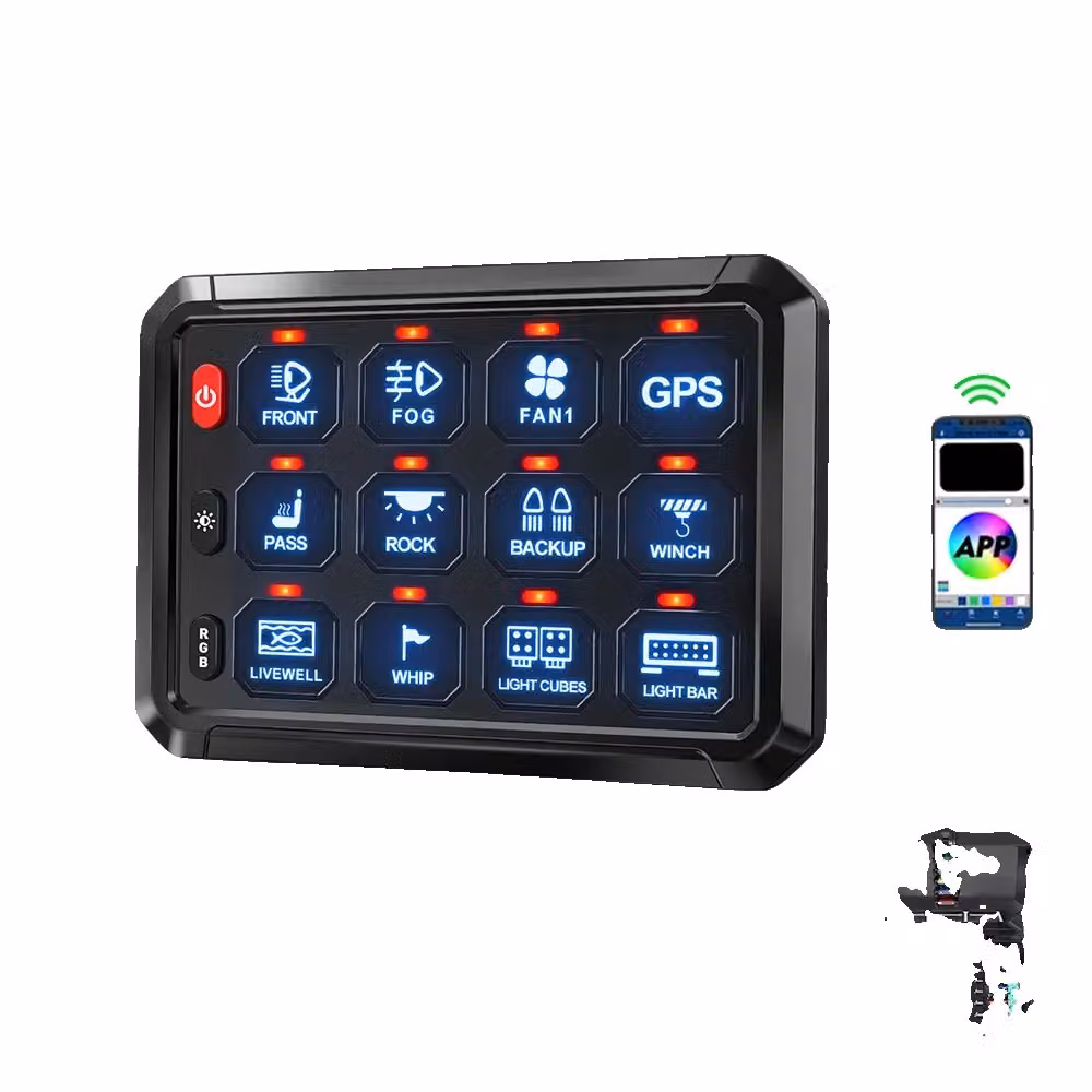 Pannello di controllo, opzioni di colore RGB, controllo Bluetooth, 12 interruttori controllabili tramite app