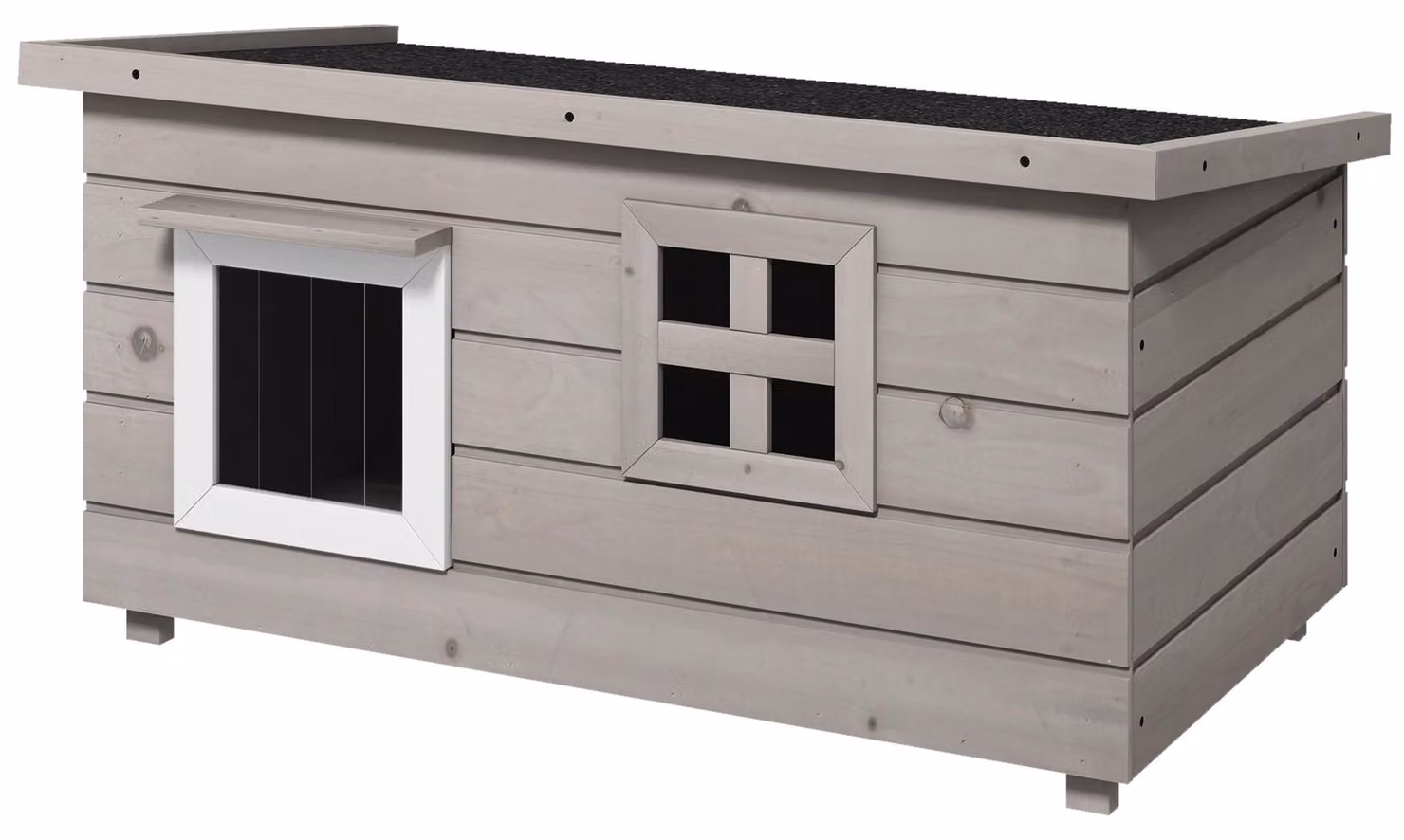 Casetta per gatti PawHut, modello capanna con tetto in asfalto, finestre, adatta per l'inverno, realizzata in legno di abete, colore grigio