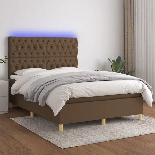 Letto con Materasso a Molle e Illuminazione LED vidaXL, Tessuto Marrone Scuro, L/P: 140 x 200 cm