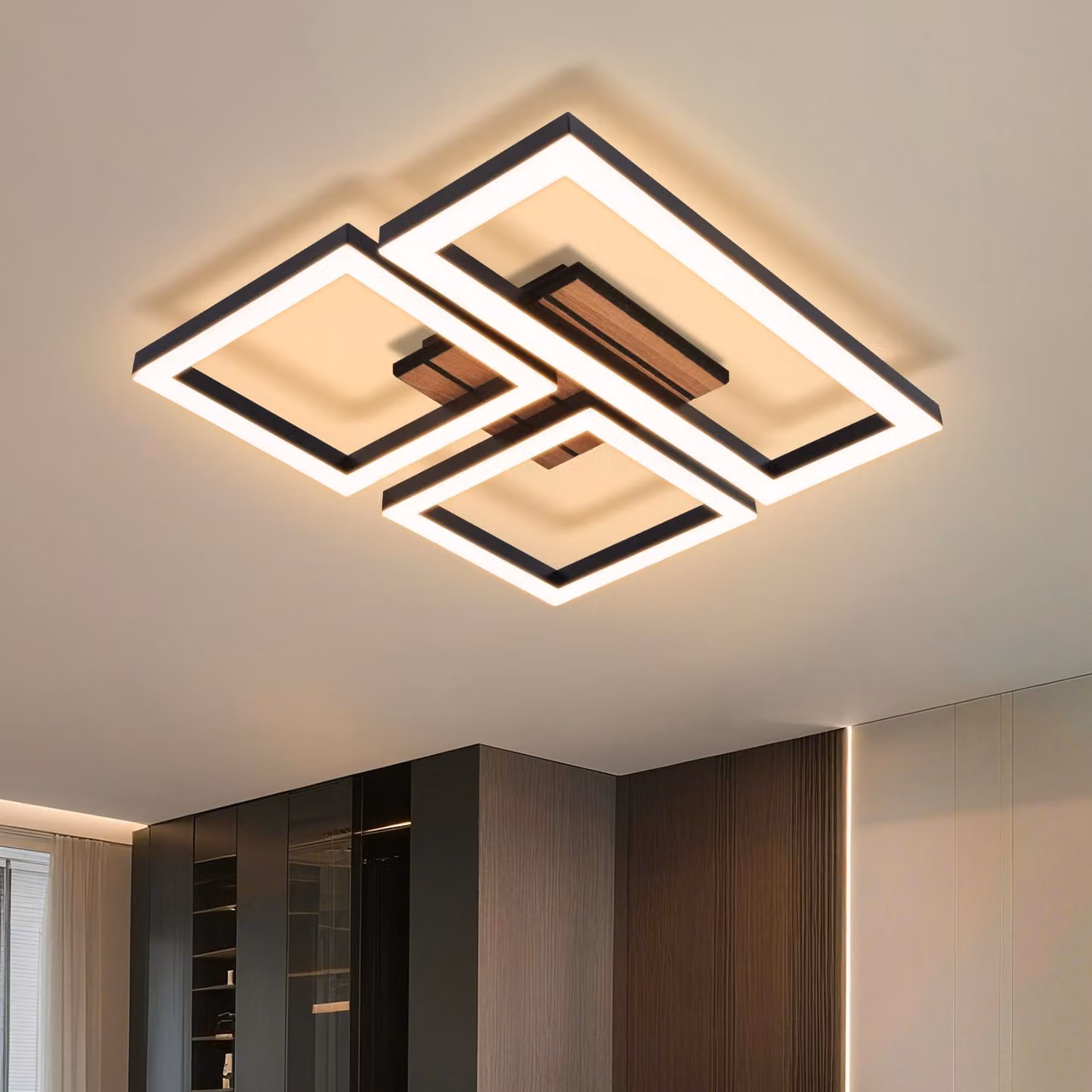 ZMH Lampada a soffitto LED, stile retrò, 21W, ideale per la cucina, lampada da cucina, colore nero, adatta anche per la camera da letto, il corridoio, luce calda (3000K), forma quadrata, con elementi in legno, perfetta per il soggiorno