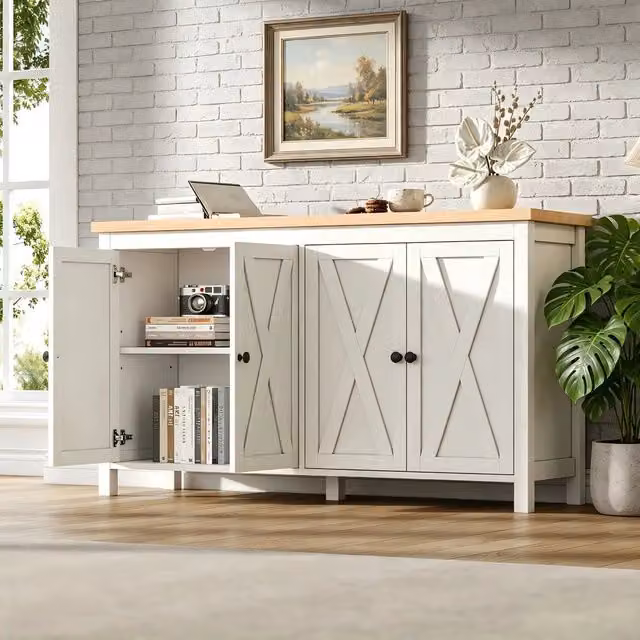 Consolle Minimal con 4 Ante e Scomparti Multiuso in MDF Bianco L 140 cm x P 40 cm x H 78 cm