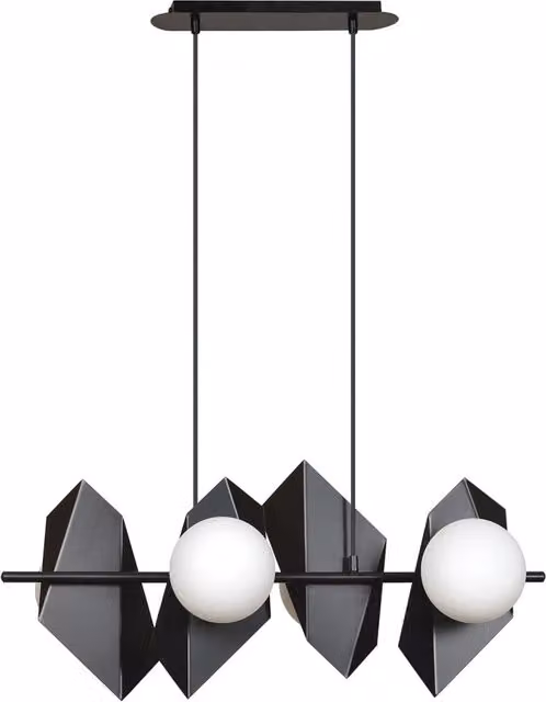 Lampadario 4 Luci Moderno Sharada Acciaio Nero E Sfere Vetro Opalino