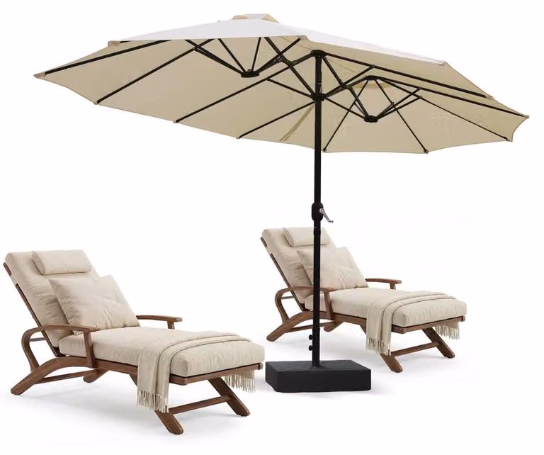 Ombrellone doppio, dimensioni 4,4 x 2,6 x 2,5 metri, colore beige, realizzato in poliestere al 100%, con struttura in acciaio e sacchi di sabbia