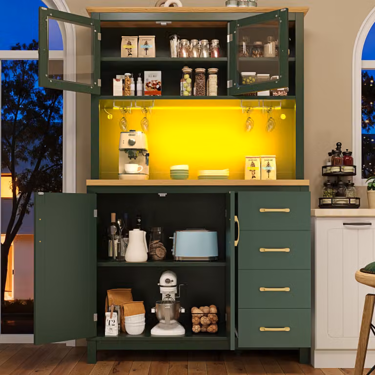 okwish, mobiletti da cucina, pensili alti con striscia LED e portabottiglie, mobiletti da cucina, contenitori con cassetti e ripiani aperti, adatti per soggiorno o cucina, colore verde