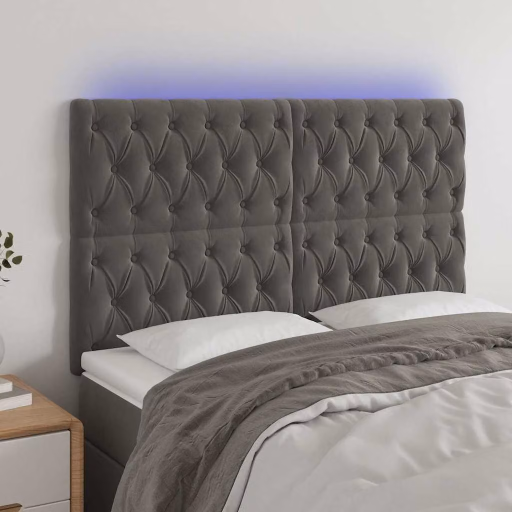 Testiera per letto vidaXL in velluto grigio con illuminazione LED e porta di ricarica USB, L: 144 cm, P: 7 cm, H: 118/128 cm