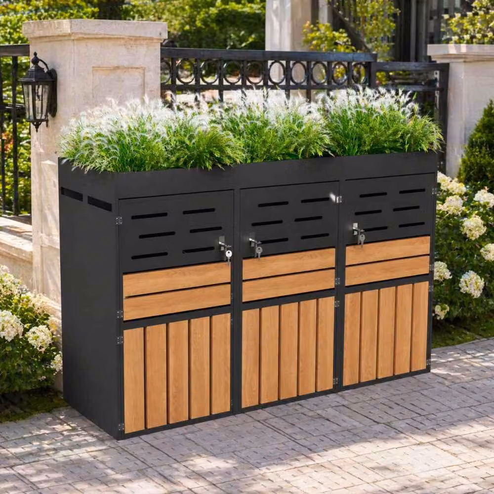 AIORBER: box per bidoni della spazzatura per 3 bidoni con fioriere integrate, armadio da giardino in acciaio zincato, chiudibile a chiave, ventilazione a lamelle, 199x80x128 cm, grigio