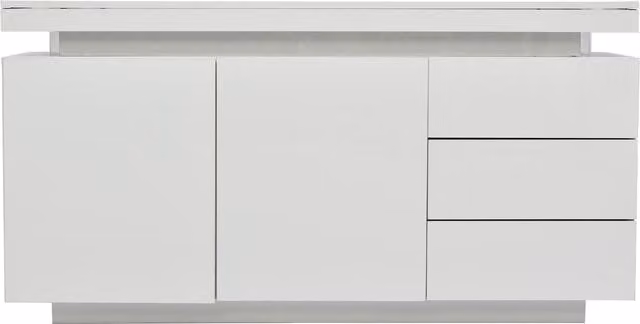 Madia moderna laccata lucida bianca con 2 ante e 3 cassetti, L: 140 cm, P: 35 cm, H: 72,5 cm