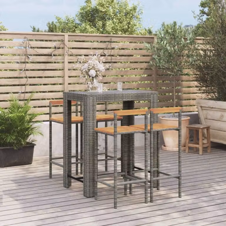 The Living Store Set bar da giardino 5 pz. Set bar da giardino in poly rattan grigio e legno massiccio di acacia