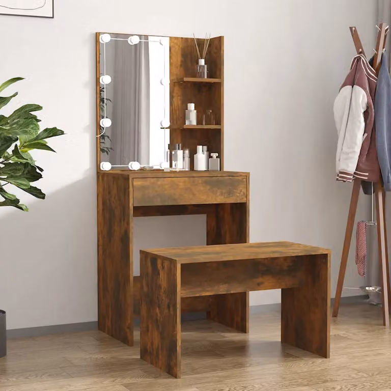 Set Tavolo da Toeletta con LED vidaXL in Legno Rovere Fumo, L: 140 cm, P: 40 cm, H: 60 cm