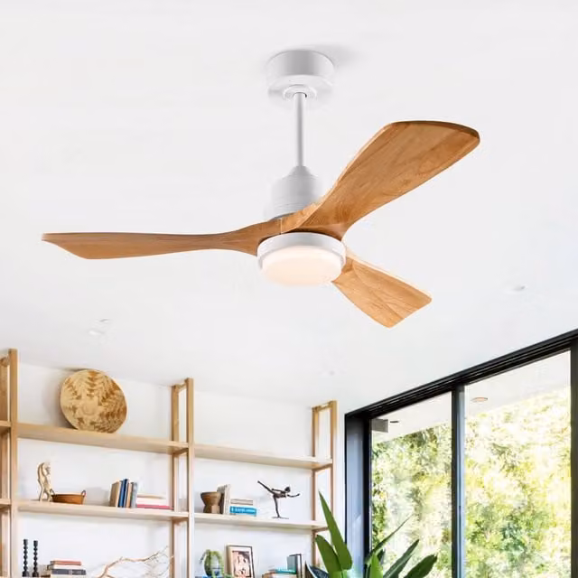 Ventilatore a soffitto Minimal con luce e telecomando, 3 pale, bianco effetto legno, per interno ed esterno