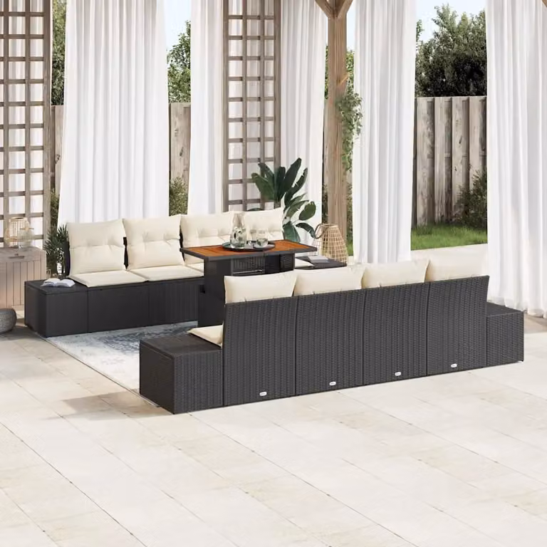 Set da pranzo da giardino moderno vidaXL in legno di acacia con rattan, 9 pezzi, Nero e Bianco