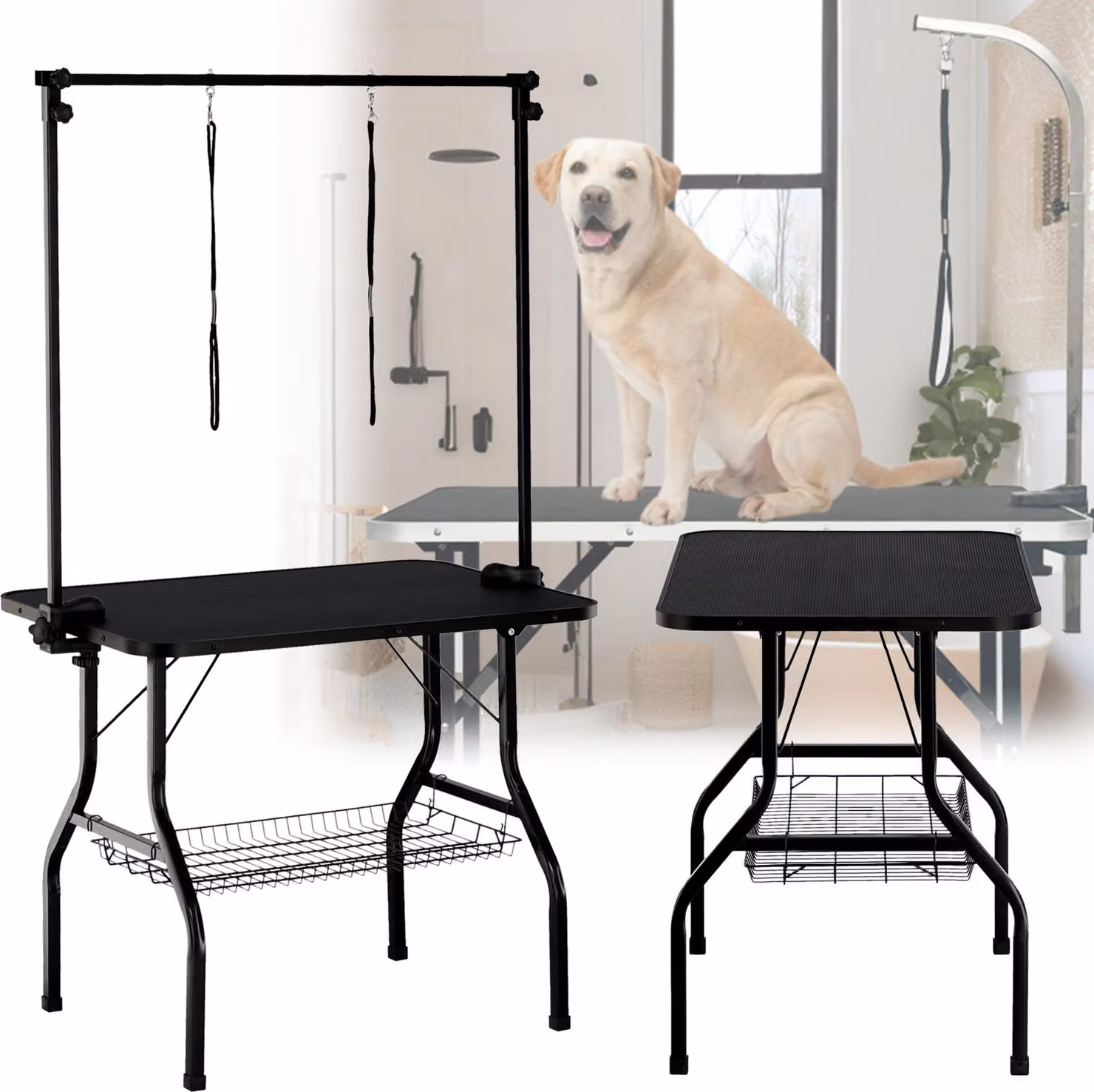 Tavolo da toelettatura per toelettatori veterinari con due guinzagli su un braccio regolabile, piano antiscivolo, cestino per accessori
