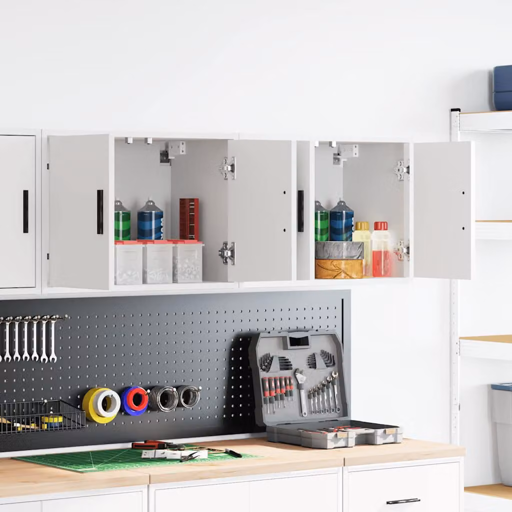 Set di 2 pensili da garage vidaXL in legno multistrato bianco con ante a battente e ripiani interni