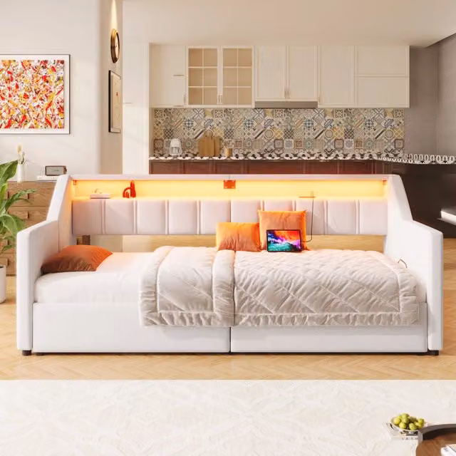 Letto Mivray con letto estraibile trasformabile da 90x200 cm a 180x200 cm, colore beige, con 2 cassetti, porte USB Type-C, luci LED integrate e struttura imbottita in tessuto