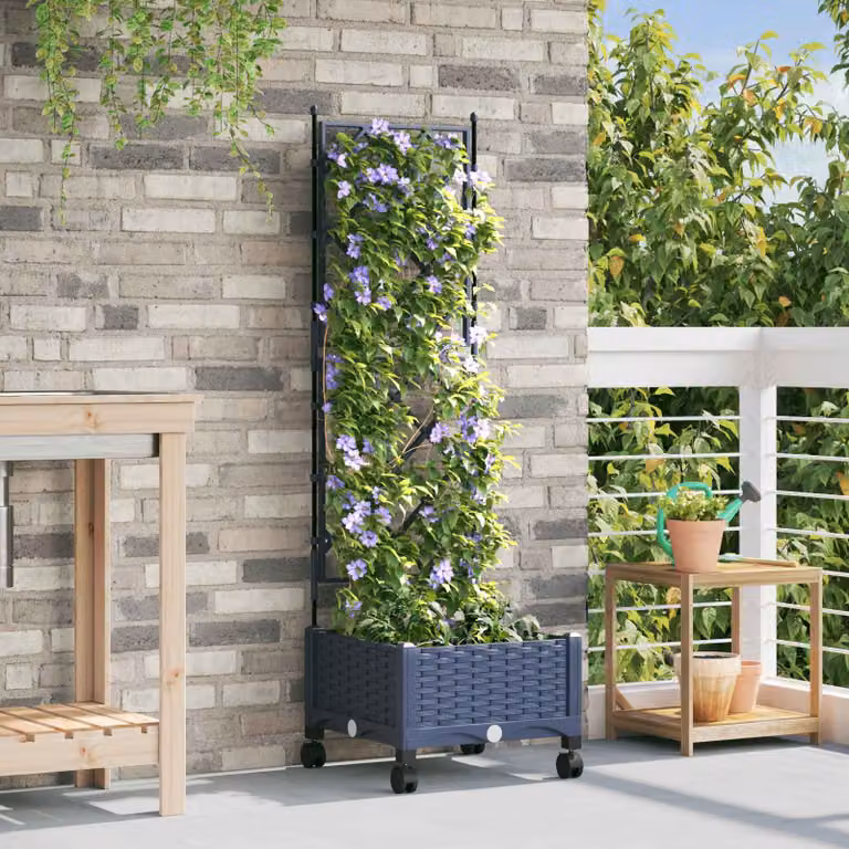 vidaXL Vaso da giardino con grigliato e ruote Grigio in plastica