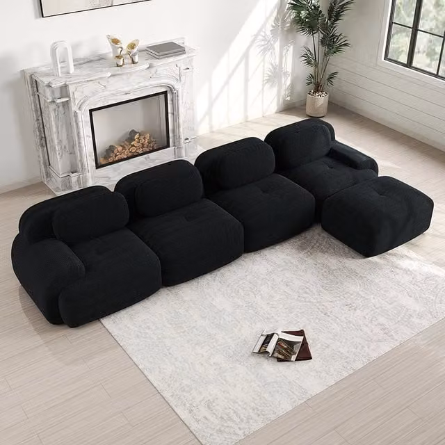 Divano angolare 4 posti con chaise longue - Xylo - Imbottitura 32D, antiscivolo, modulabile, nero
