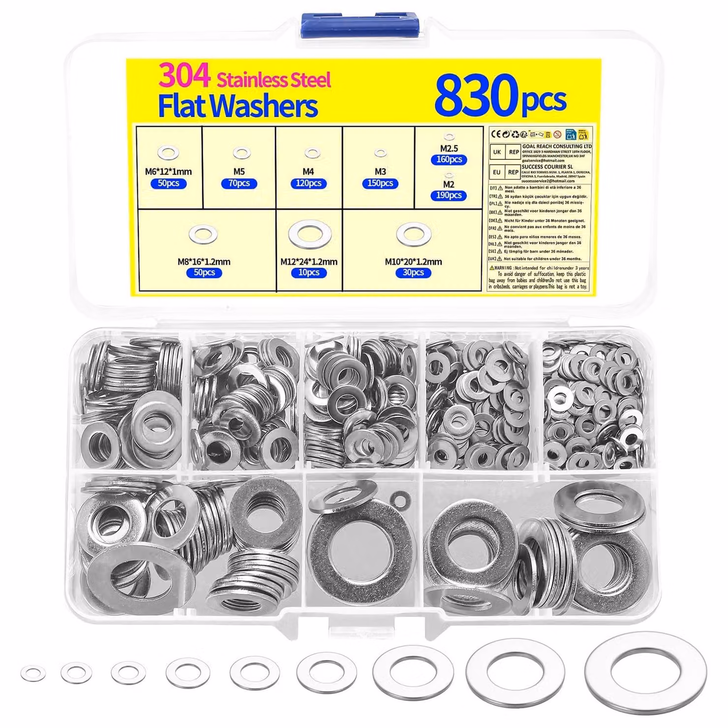 Set di 830 rondelle in acciaio inossidabile