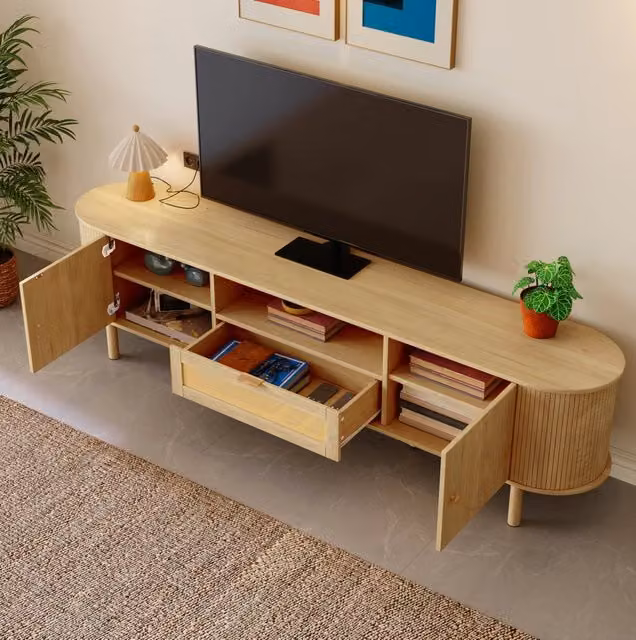 Mobile TV modulare moderno beige con cassetto in rattan e passacavi L: 175 cm, P: 36 cm, H: 51 cm