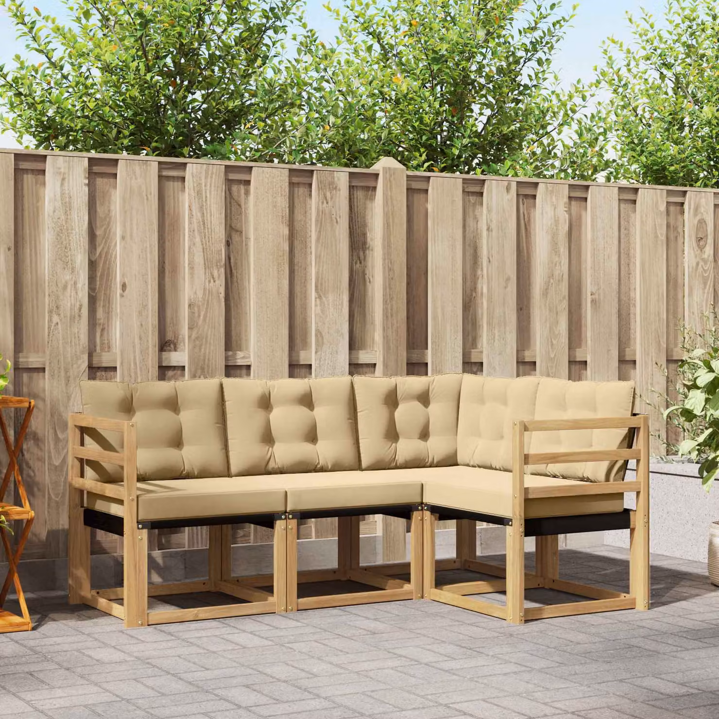 Set di divani da esterno vidaXL 4 pezzi a forma di L in legno di acacia con cuscini in textilene, Bianco, Beige e Marrone