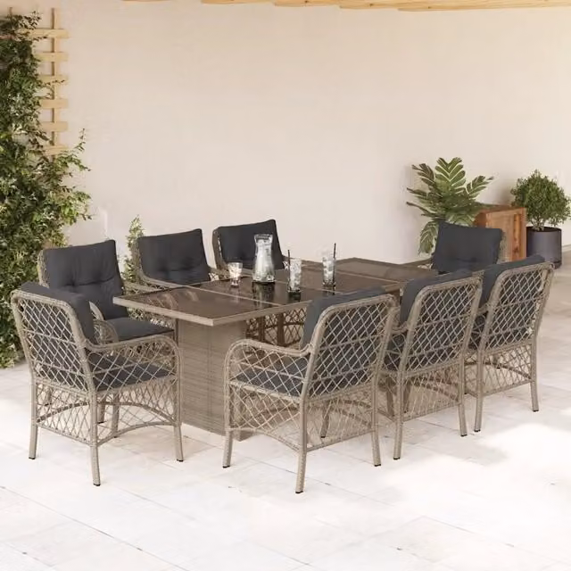 Set da pranzo da giardino vidaXL in polyrattan con piano in vetro, 9 pezzi, grigio antracite – 1