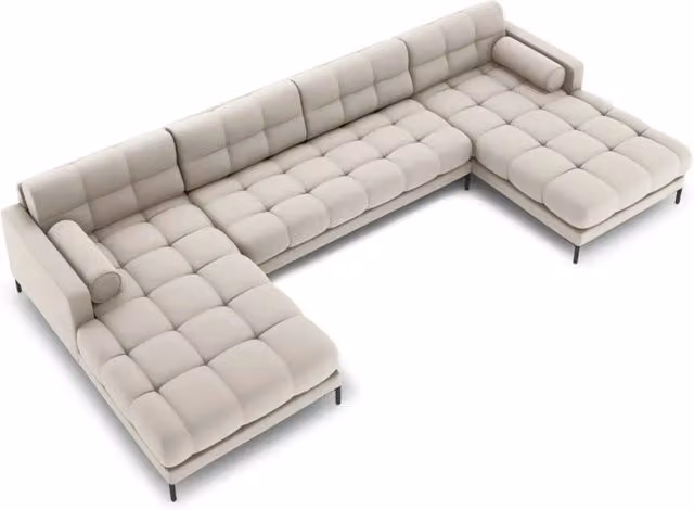 Divano panoramico Bali Cosmopolitan Design a 7 posti in tessuto beige con struttura a L e cuscini inclusi