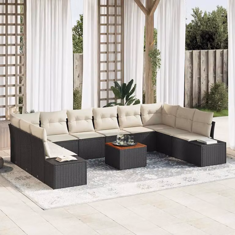 Set Divano da Giardino Moderno vidaXL 11 Pezzi con Tavolino e Cuscini, Struttura in Acciaio Verniciato Nero e Bianco, Forma a L con Orientamento Sinistro