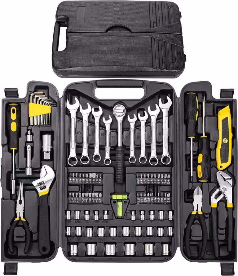 Kit di attrezzi per la casa - Set di utensili manuali da 95 pezzi - Riparazioni per la casa e l'auto - Fai da te - Cassetta degli attrezzi portatile - Giallo