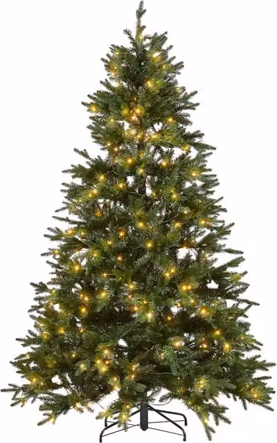 Albero di Natale artificiale Beliani verde con rami innevati e lucine LED bianco caldo, Altezza: 210 cm
